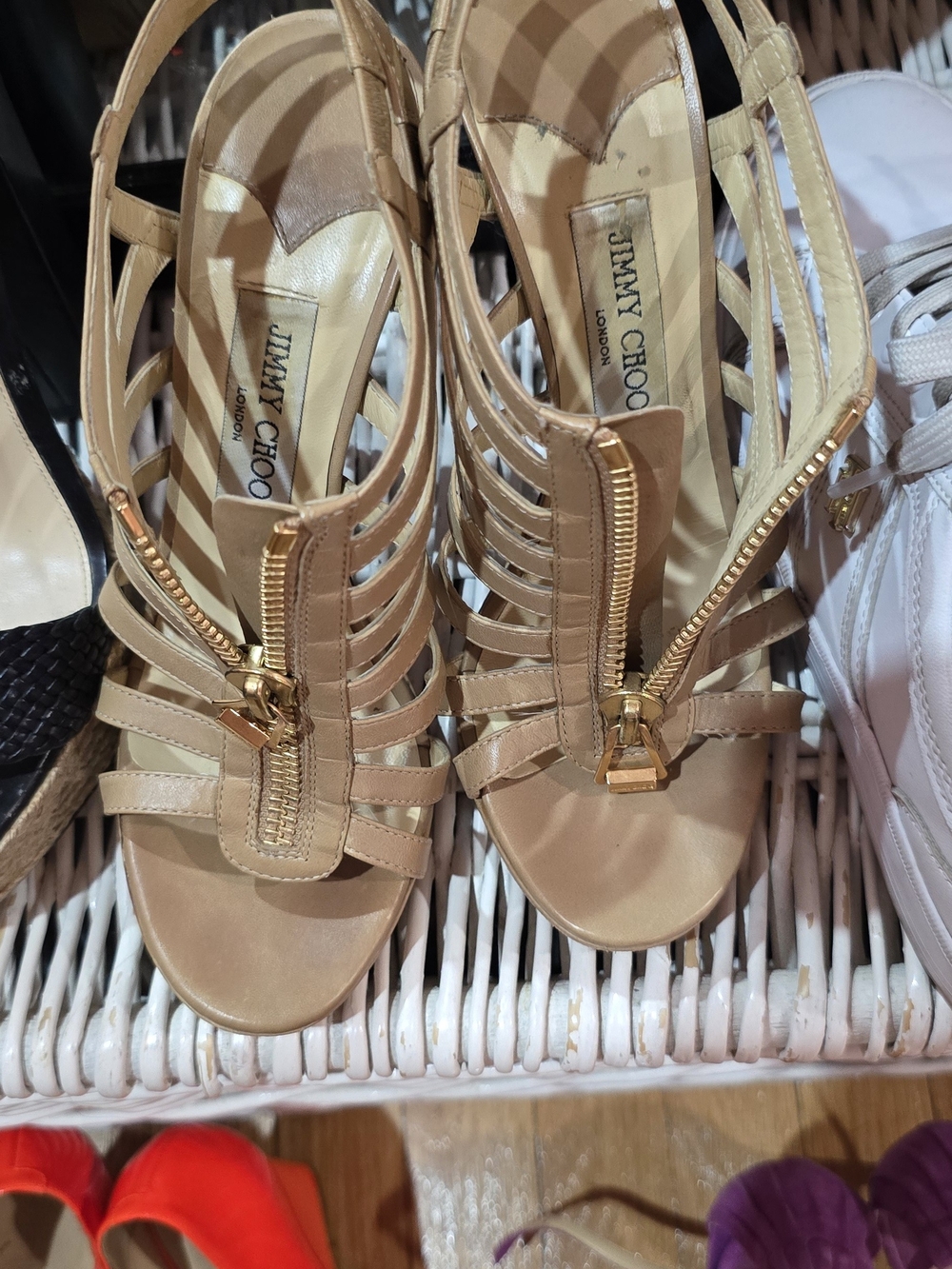Jimmy Choo Nude Strappy Sandal with Gold Front Zip